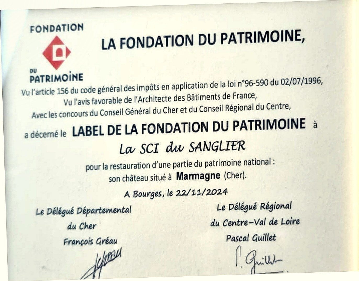 Label Fondation du Patrimoine — Château de Marmagne